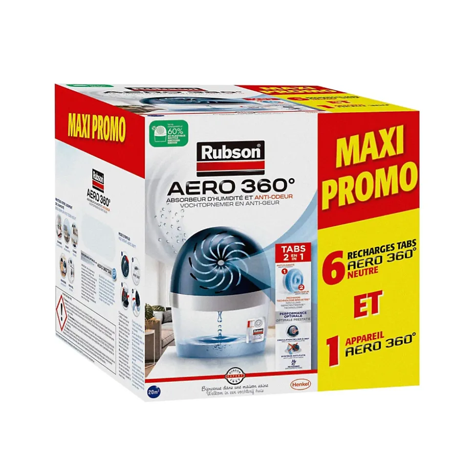 Absorbeur d'humidité aéro 360° 20m²+ 6 recharges Rubson