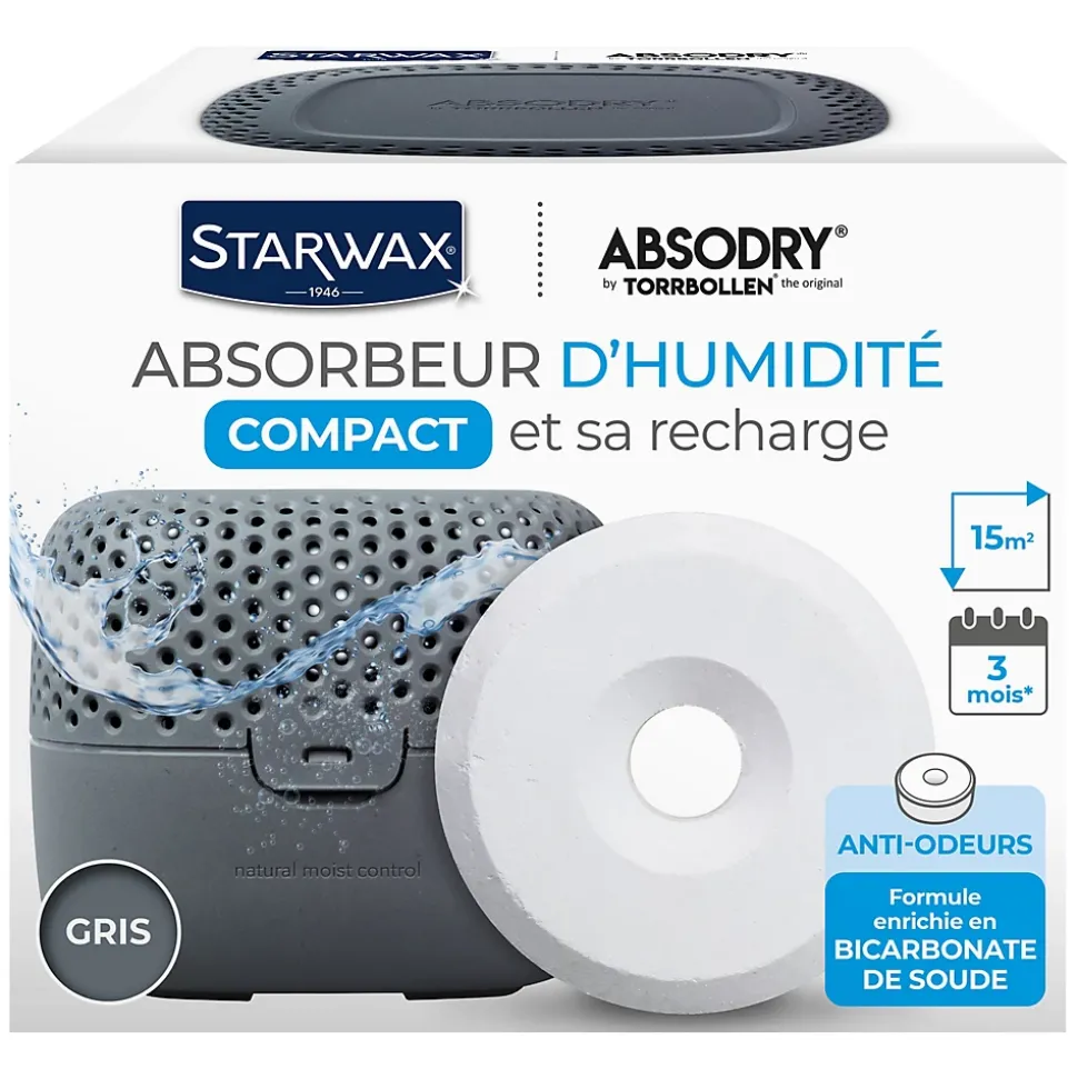 Absorbeur d'humidité compact 15m² gris + 1 tablette 500g Starwax