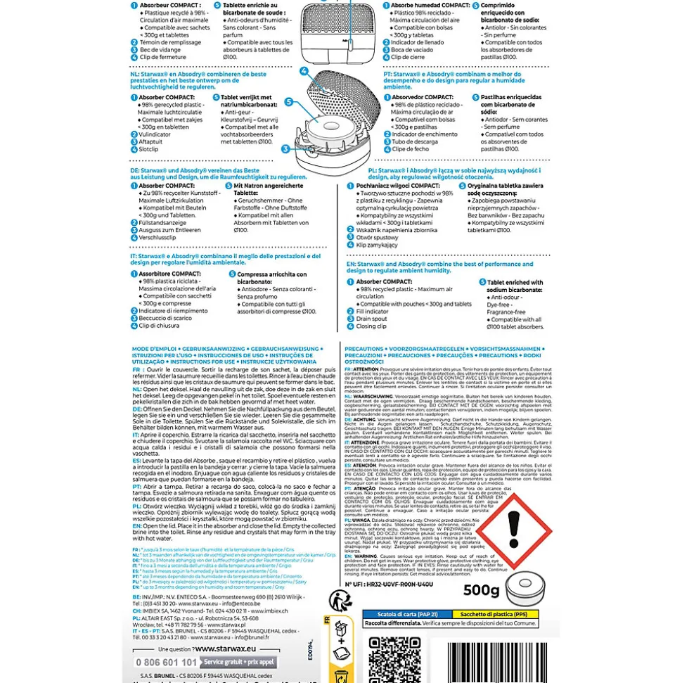 Absorbeur d'humidité compact 15m² gris + 1 tablette 500g Starwax