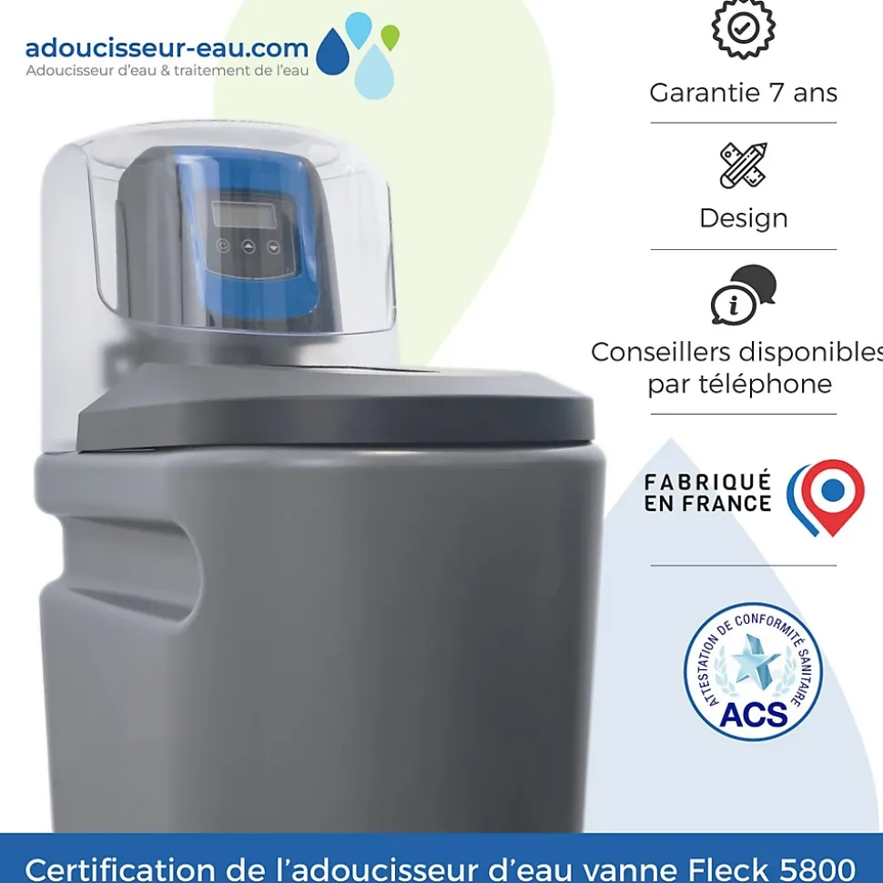 Adoucisseur D'eau 30L Fleck 5800 SXT Monobloc Volumétrique Electronique Anti Calcaire Fabriqué En France