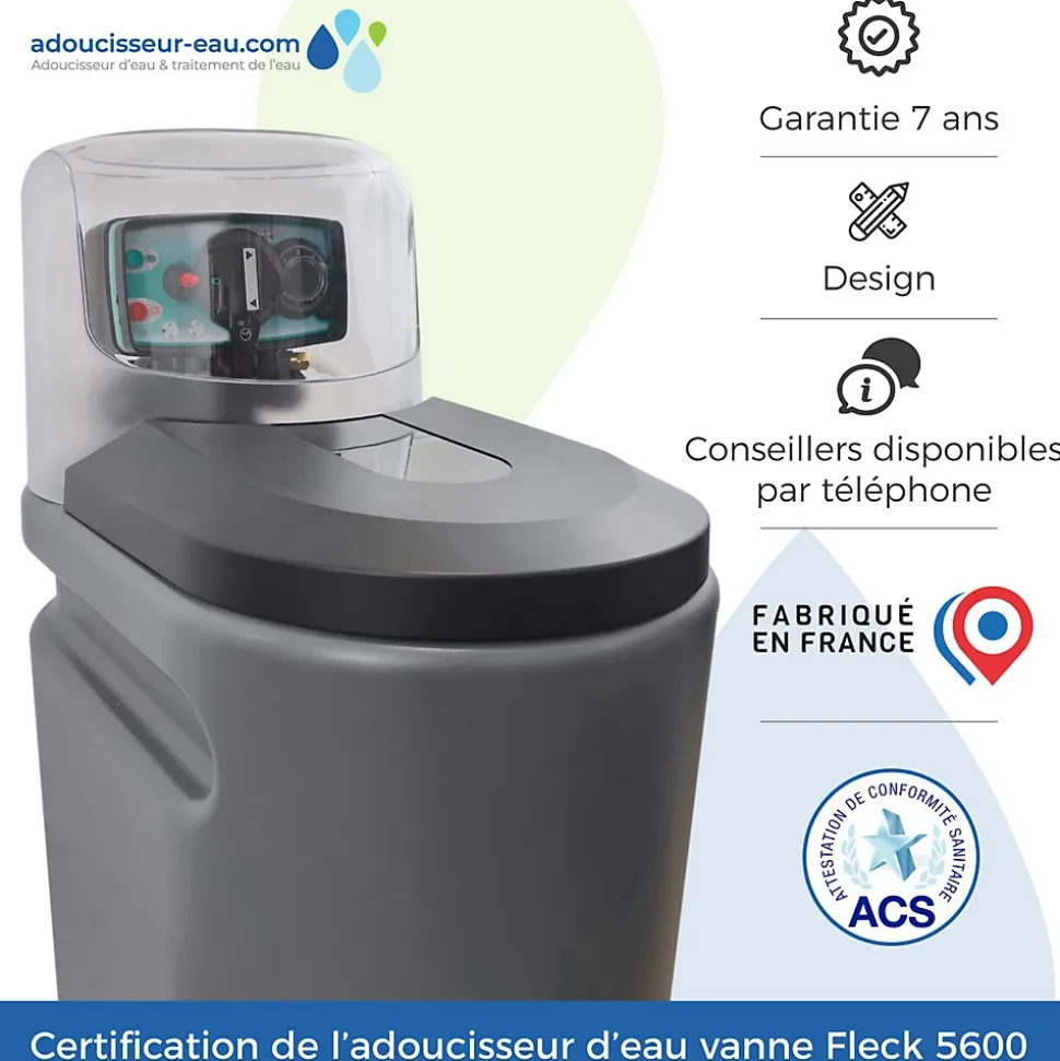 Adoucisseur Eau 20L Fleck 5600 MV Mécanique Volumétrique Complet Avec Accessoires Fabriqué En France