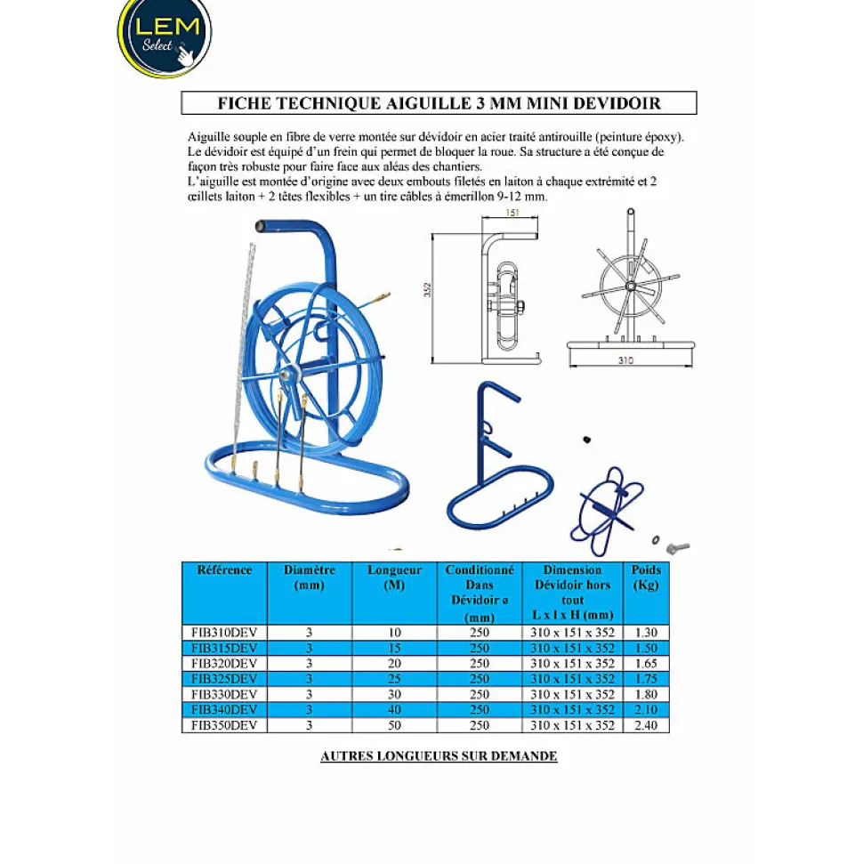 Aiguille 3 mm L 30 M sur mini dévidoir (avec accessoires)