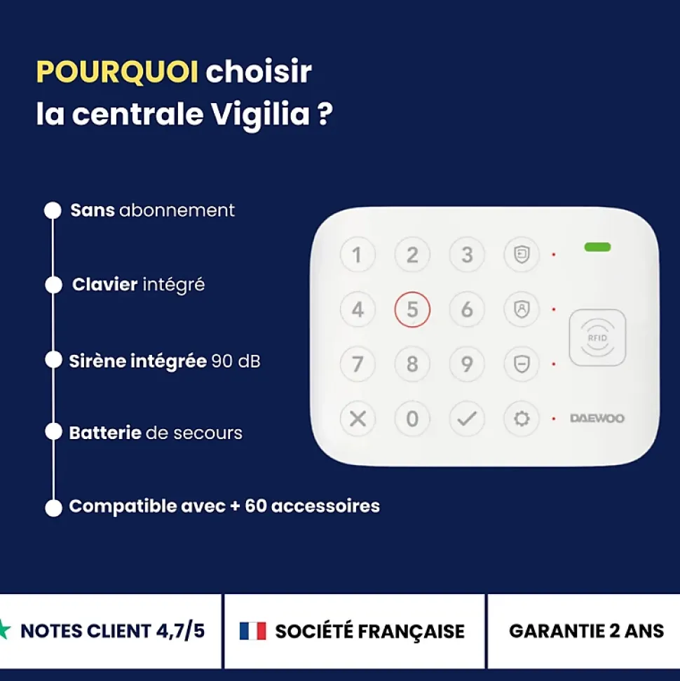 Alarme Maison Wifi Sans Fil Vigilia VIG502 - Kit Complet avec Caméras Full HD intérieur et extérieure autonome et 9 Acces