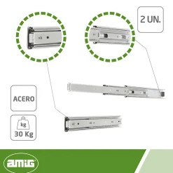 AMIG - Coulisse pour tiroir à bille 35 - 500 x 45 mm - Acier - Zingué