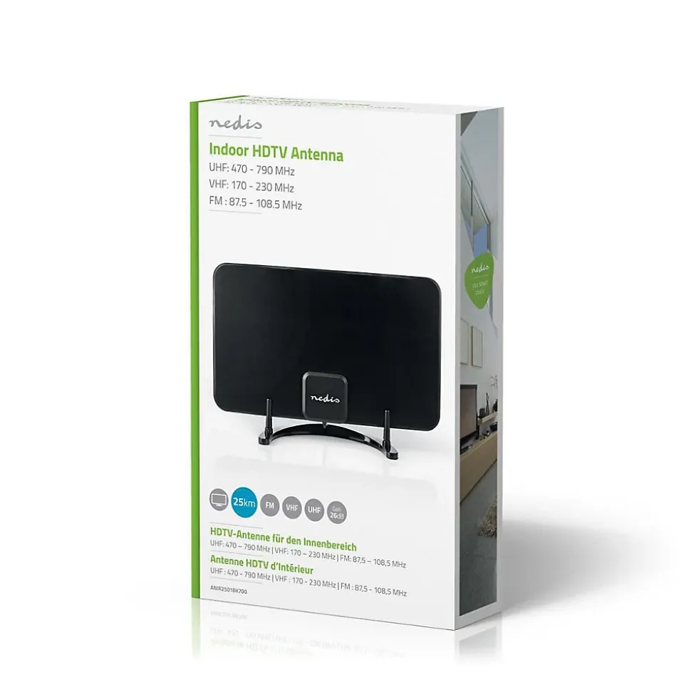 Antenne HDTV d'Intérieur 0 - 25 km Gain de 26 dB FMVHFUHF Noire NEDIS