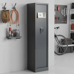 Armoire à fusils serrure électronique Smith & Locke – 5 armes avec coffre intérieur, acier gris – 120 L – l.35 x H.145 x P.30 cm