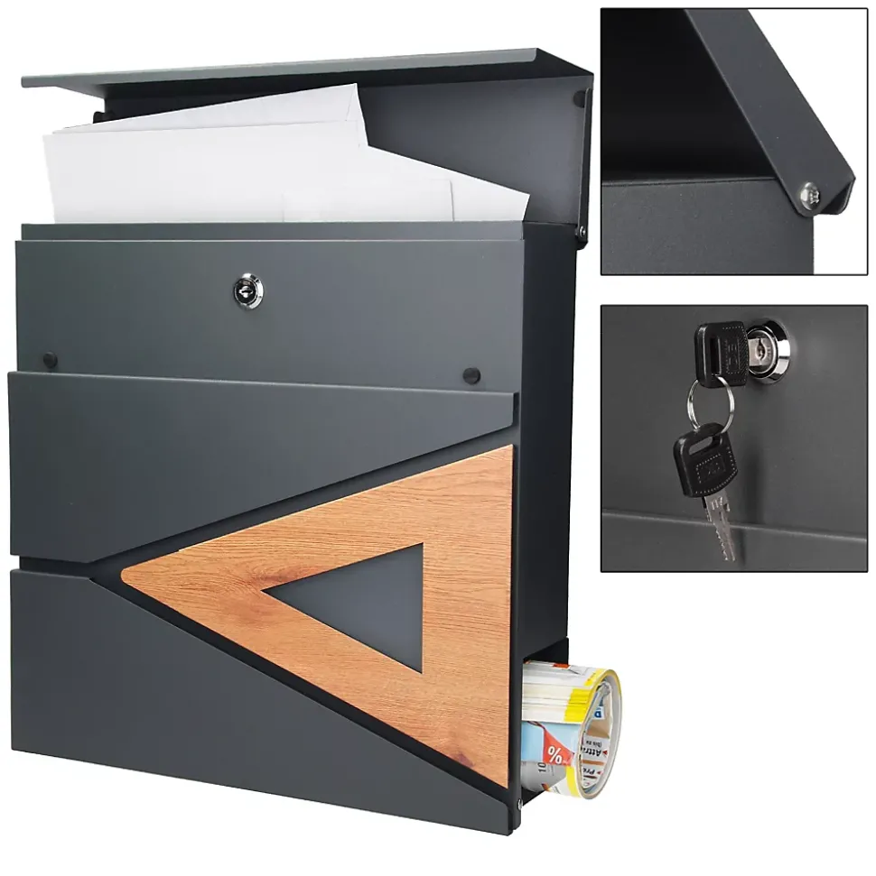 Boite aux lettres anthracite, aspect bois avec rouleau a journaux et pied support
