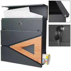 Boîte aux lettres anthracite/bois naturel avec support argenté acier inoxydable