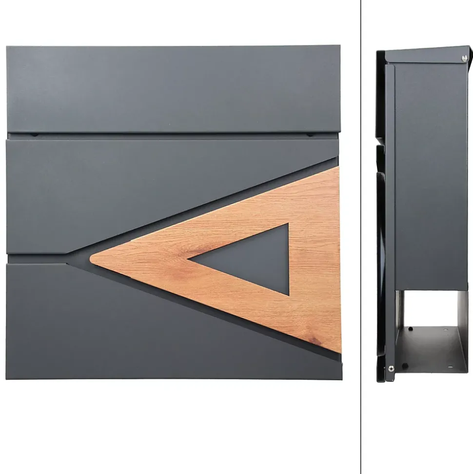 Boîte aux lettres anthracite/bois naturel avec support argenté acier inoxydable