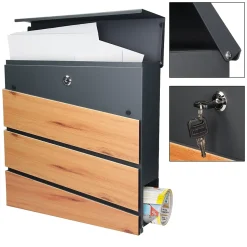 Boîte aux lettres murale anthracite design bois avec 2 clés inclus 11x37x26,5 cm
