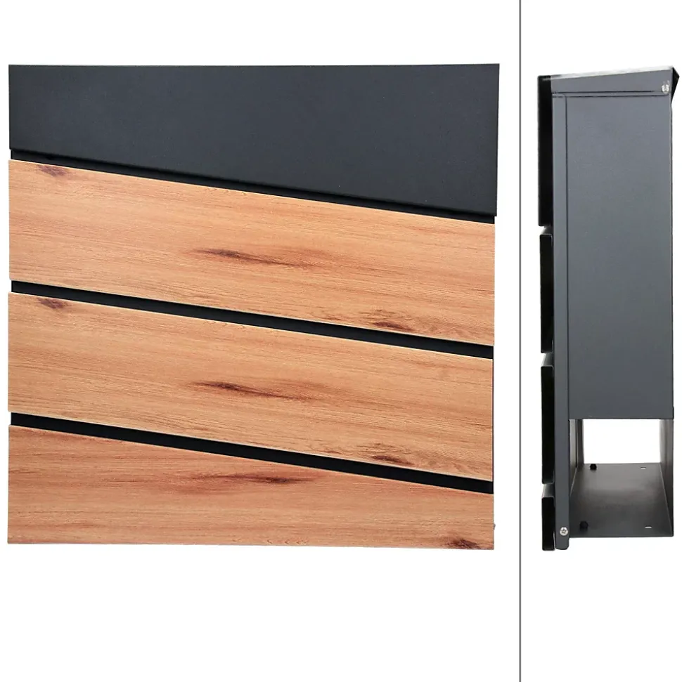 Boîte aux lettres murale anthracite design bois avec 2 clés inclus 11x37x26,5 cm