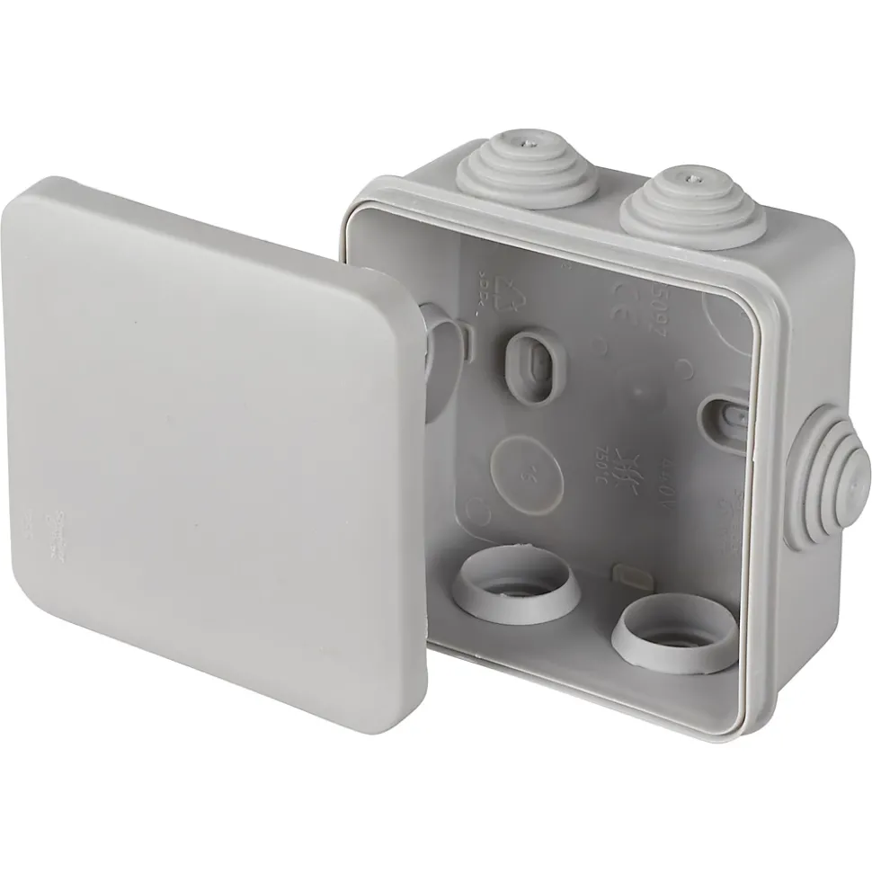 Boîte de dérivation carrée extérieure avec 7 passe-câbles et système de verrouillage 80 x 80 x 45 mm Schneider Electric Mureva Box gris