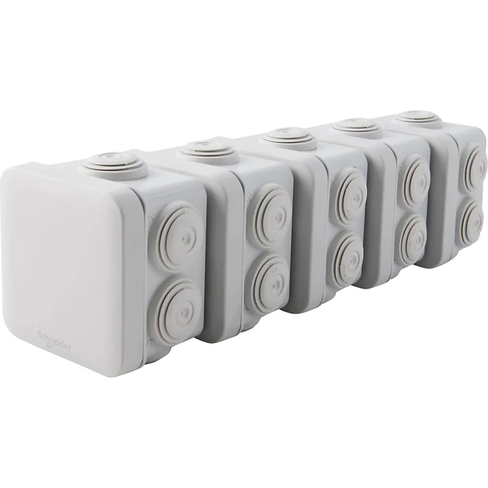 Boîte de dérivation carrée extérieure avec 7 passe-câbles et système de verrouillage 65 x 65 x 45 mm Schneider Electric Mureva Box gris
