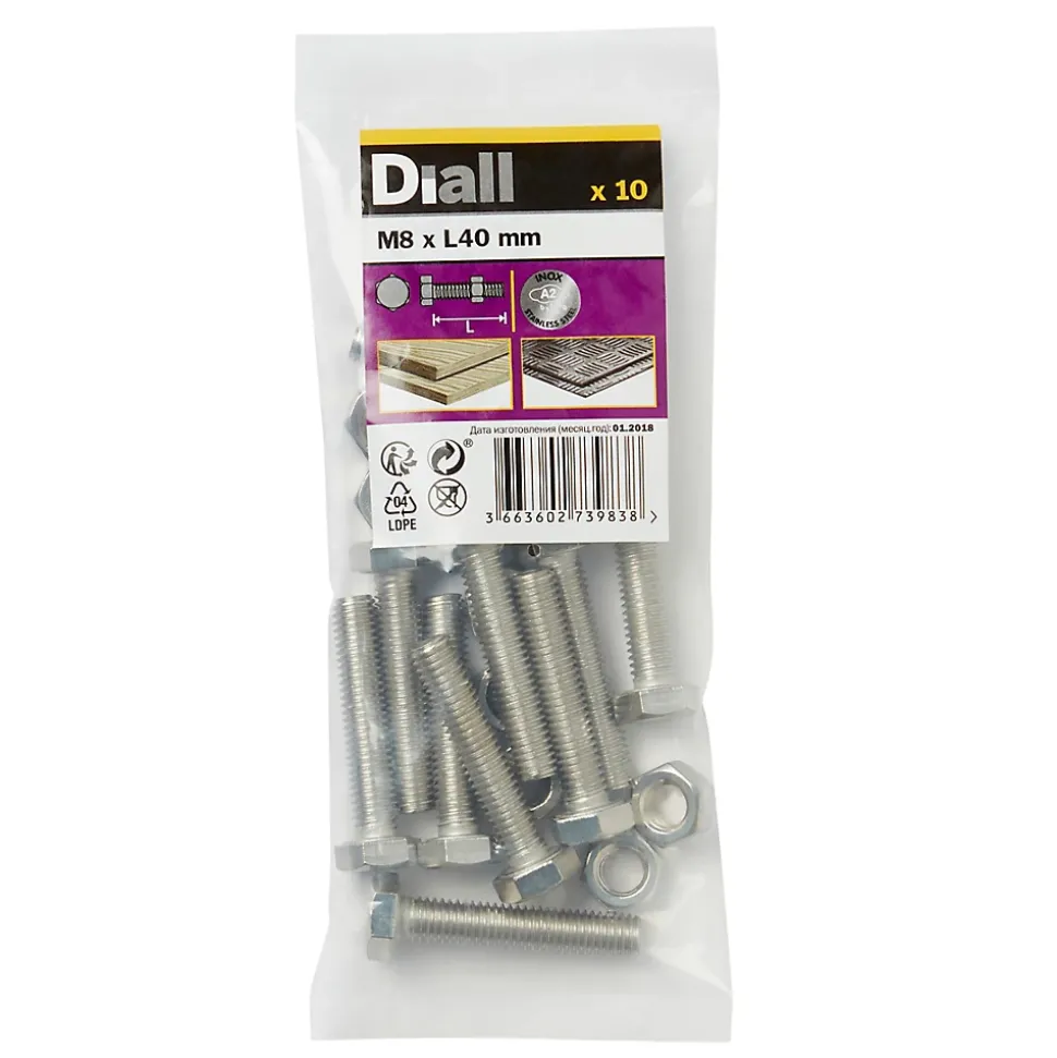 10 boulons tête héxagonale inox 8 x 40 mm