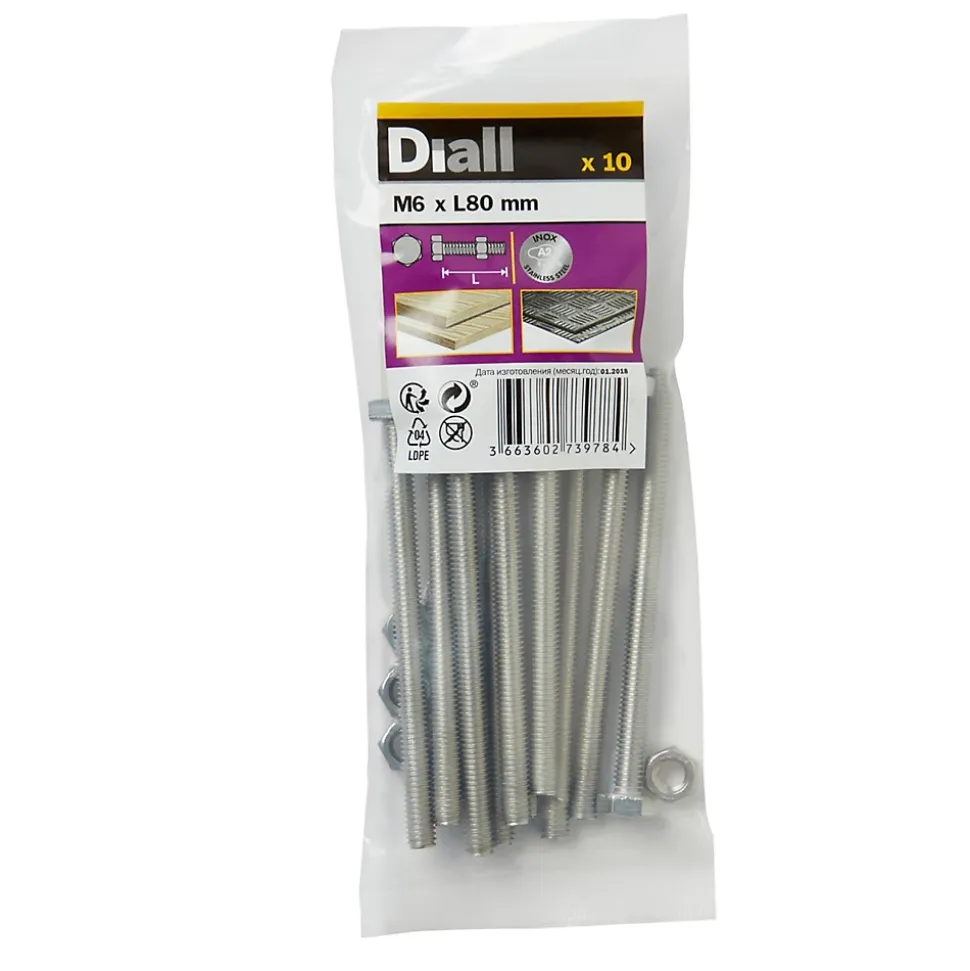 10 boulons tête héxagonale inox 6 x 80 mm