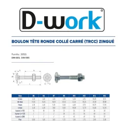 100 Boulons Tête Ronde Collet Carré TRCC 7 x 60 mm - DIN 603 - Zingué blanc - D-Work