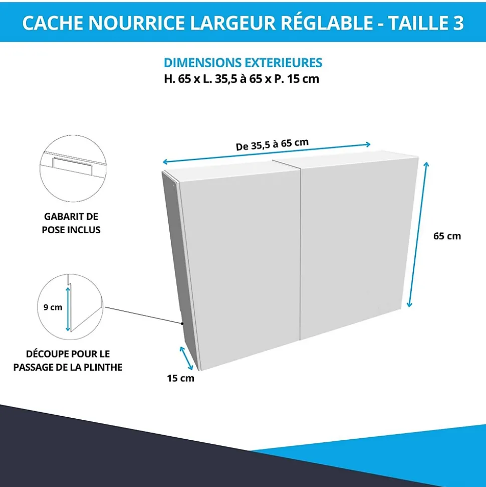 Cache nourrice plomberie ATOLE en acier Blanc - Largeur réglable - Taille 3 : 650 x 355 à 650 x 150 mm