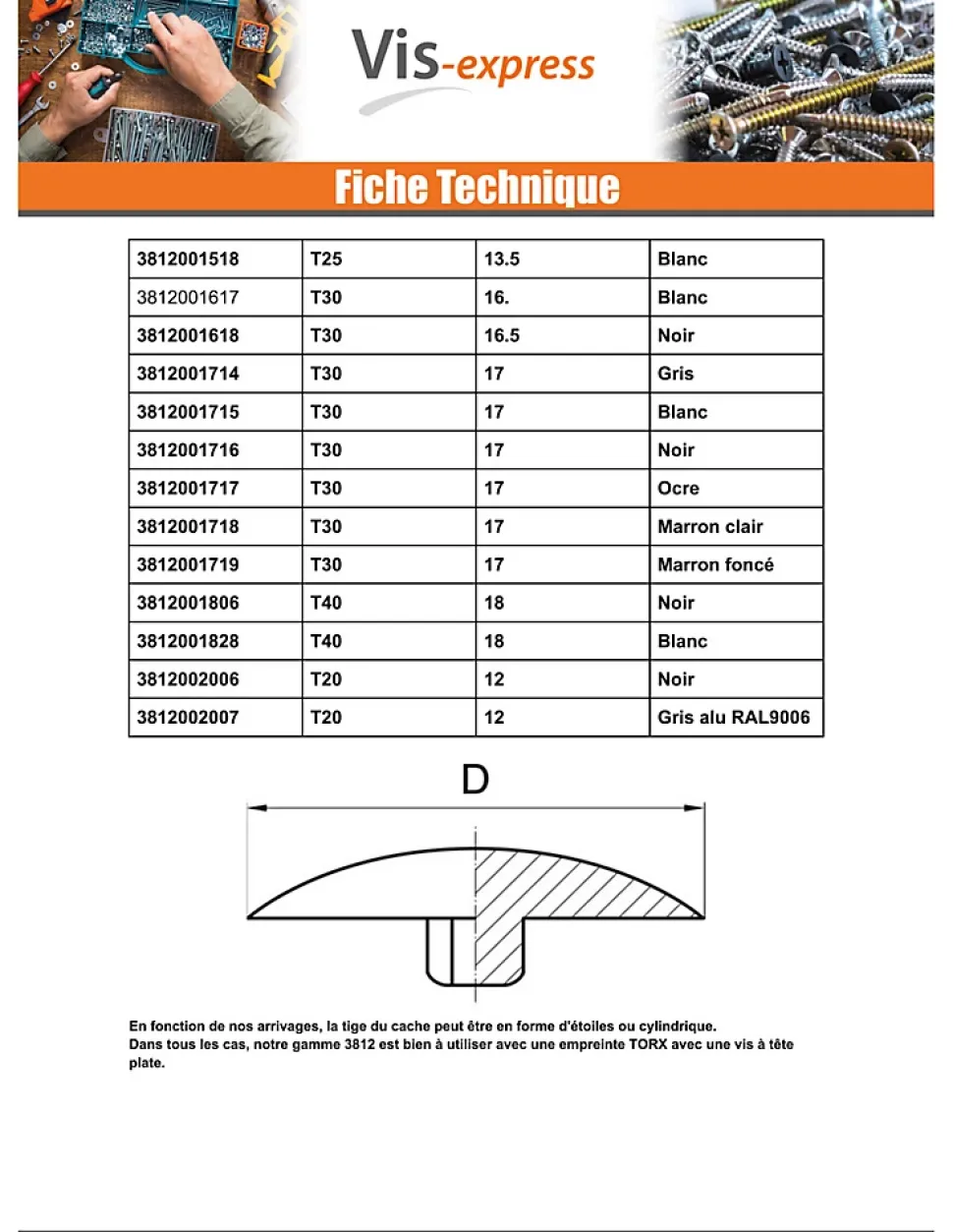 Cache vis Tête fraisée TORX TORX T20 Diamètre de tête: 12 Nylon RAL9010 blanc pur - 1 pièce