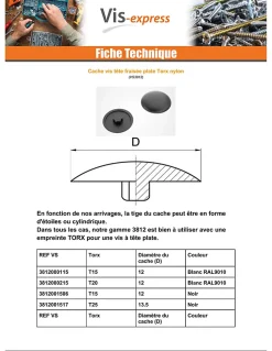 Cache vis Tête fraisée TORX TORX T15 Diamètre de tête: 12 Nylon RAL9010 blanc pur - 1 pièce