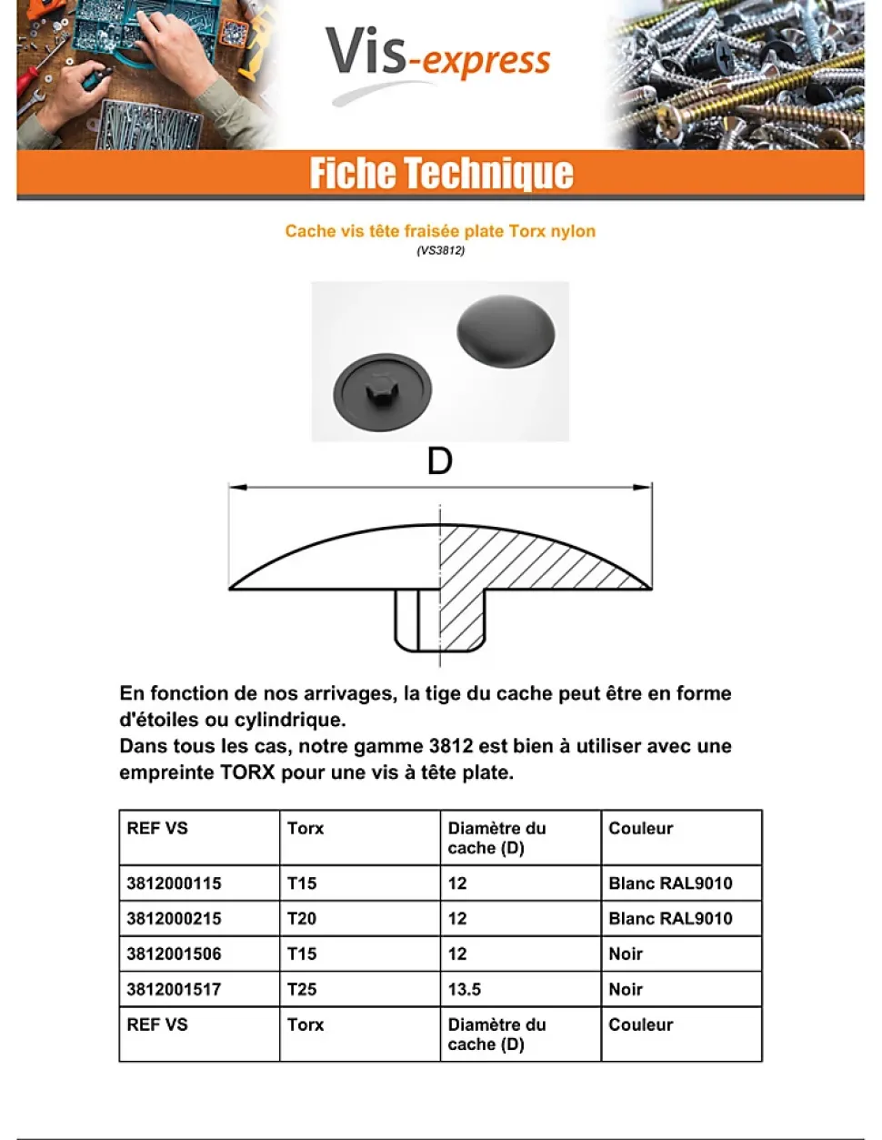 Cache vis Tête fraisée TORX TORX T15 Diamètre de tête: 12 Nylon RAL9010 blanc pur - 1 pièce