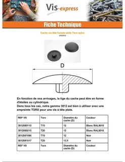 Cache vis Tête fraisée TORX TORX T15 Diamètre de tête: 12 nylon noir - 100 pièces
