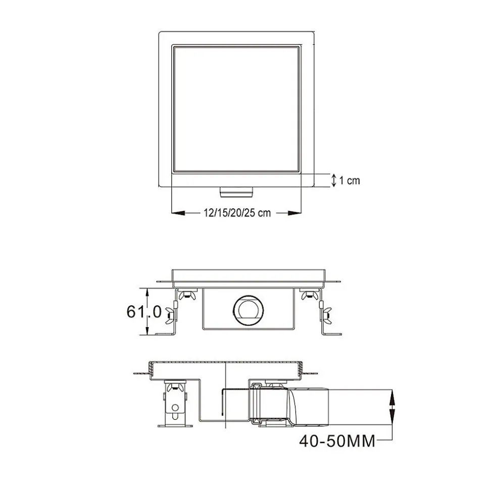 Caniveau de douche à carreler carré CIREA 20 x 20 cm, siphon anti-odeurs, drainage 36l/min, hauteur réglable SANIVERRE