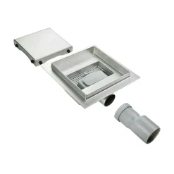 Caniveau de douche carré inox CARA 20 x 20 cm avec siphon anti-odeurs, drainage 36l/min, hauteur réglable SANIVERRE