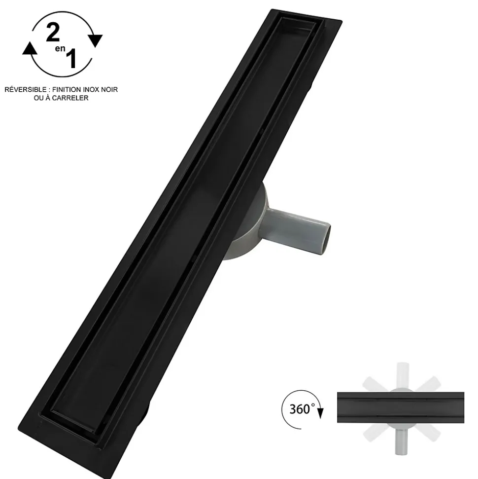 Caniveau de douche 2en1 VINY L.100 cm, réversible à carreler ou inox noir + siphon 360, drainage 36l/min - SANIVERRE