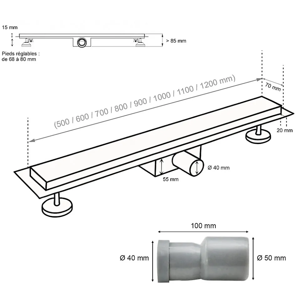 Caniveau de douche Italienne DALA inox L.80 cm anti-odeurs + filtre, drainage performant -SANIVERRE