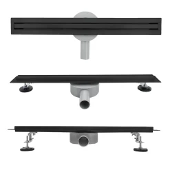 Caniveau de douche italienne étroit noir SAMY L.50 cm siphon 360, drainage 36l/min, hauteur réglable SANIVERRE