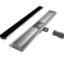 Caniveau de douche KODY L.60 cm verre noir et inox, siphon anti-odeurs, drainage performant -SANIVERRE