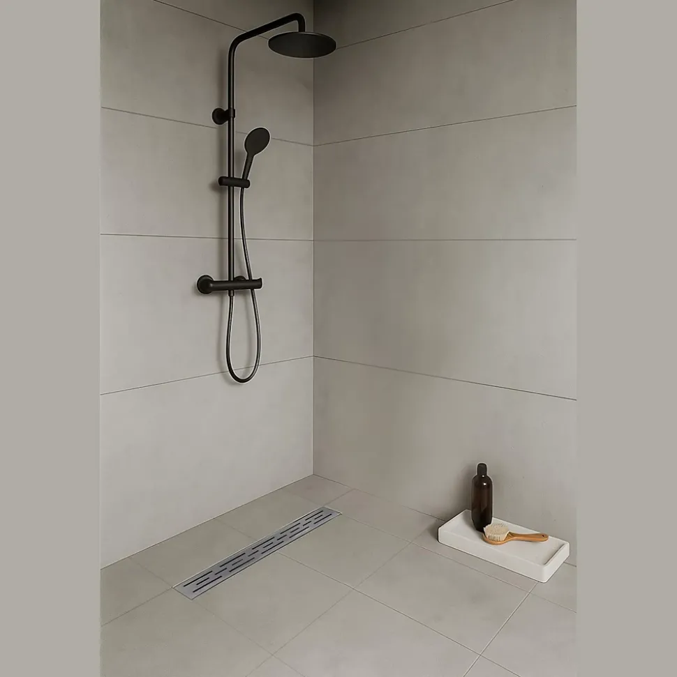 Caniveau de douche L.60 cm JAZY design linéaire, inox, anti-odeurs, drainage élevé - SANIVERRE