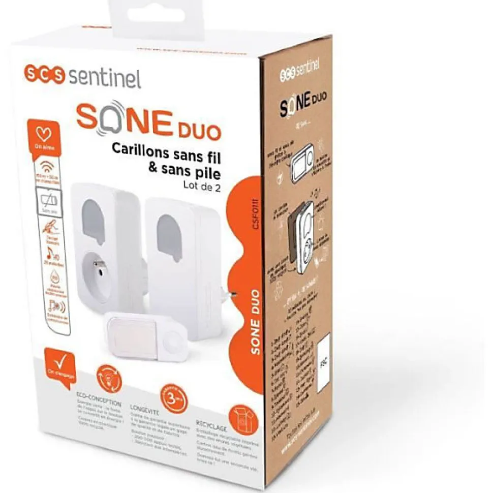 Carillons - SCS SENTINEL - SONE DUO - Sans fil et sans pile - Lot de 2 - Portée 150+50 metres - Auto-alimenté