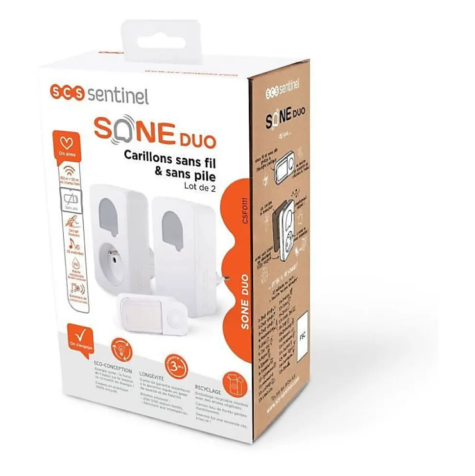 Carillons - SCS SENTINEL - SONE DUO - Sans fil et sans pile - Lot de 2 - Portée 150+50 metres - Auto-alimenté
