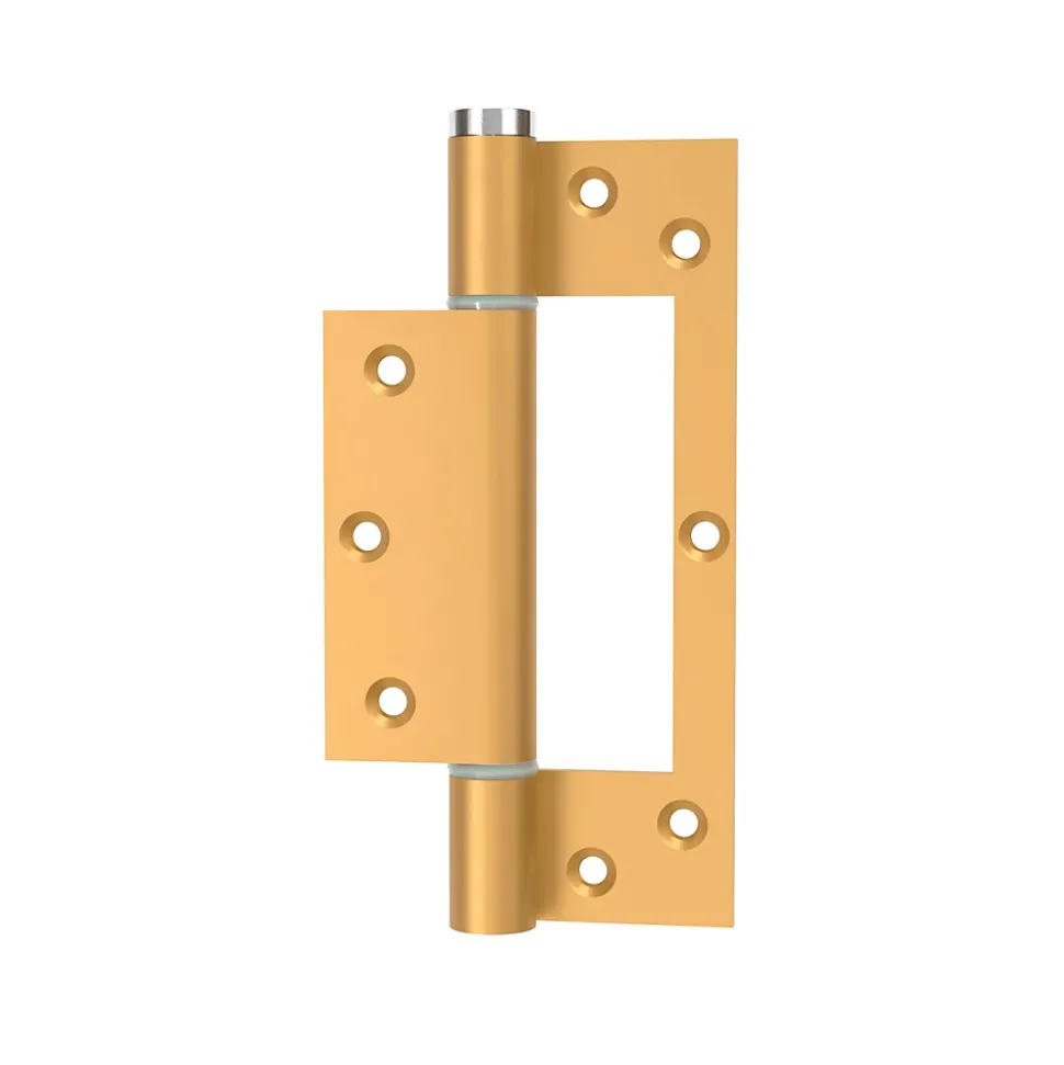 Charnière simple action à ressort, 150X40 mm, en aluminium anodisée or posée totalement en applique