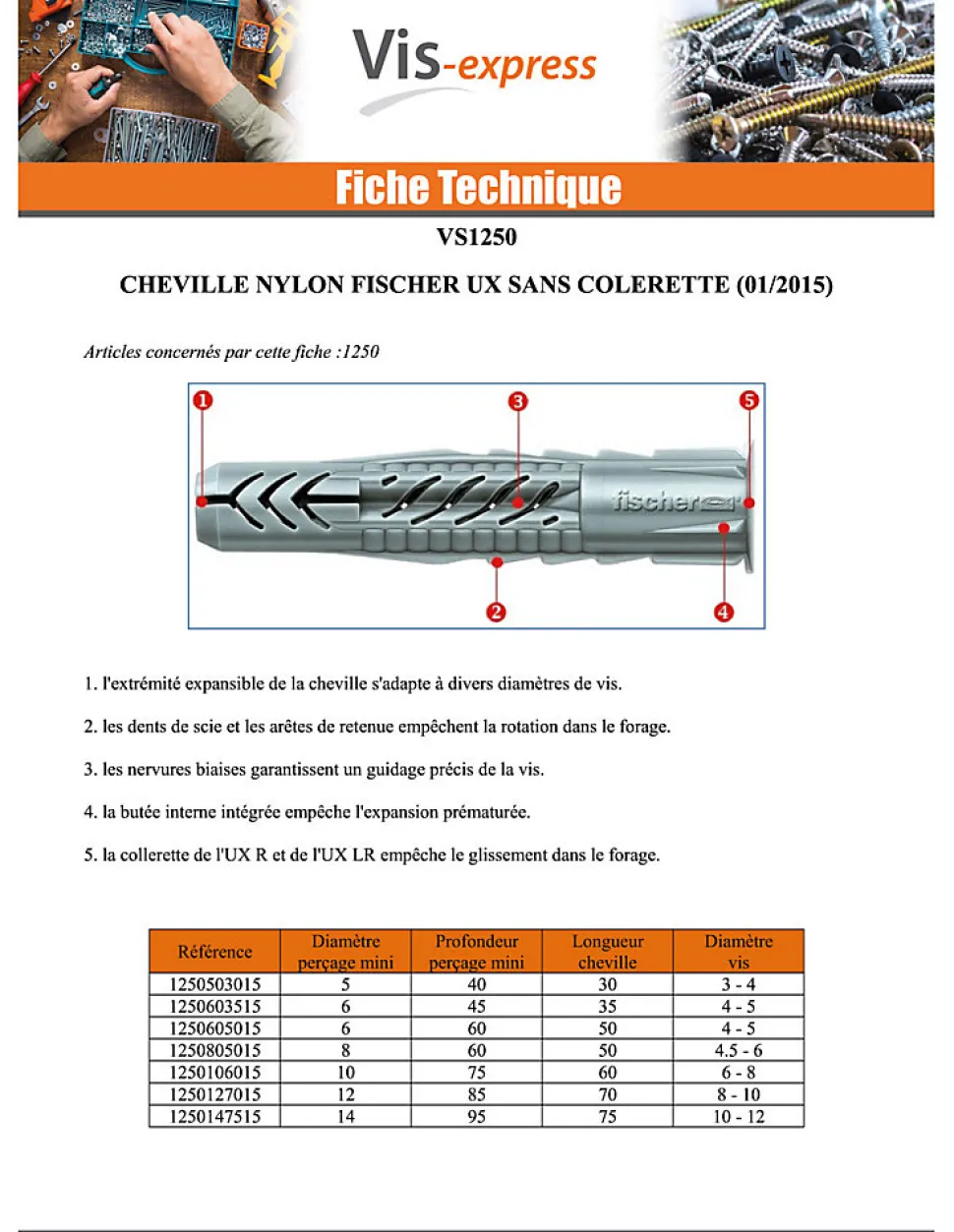 Cheville Nylon Fischer UX Sans Collerette 5X30 - 100 pièces