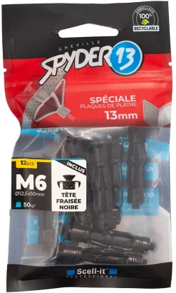 12 chevilles corps creux acier zingué Spyder M4 13mm + vis tête fraisée noires