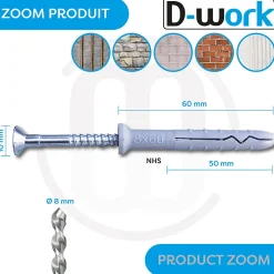 200 Chevilles à Frapper NHS D. 8 x Lt. 60 mm avec Vis Tête Fraisée (en seau) - D-Work