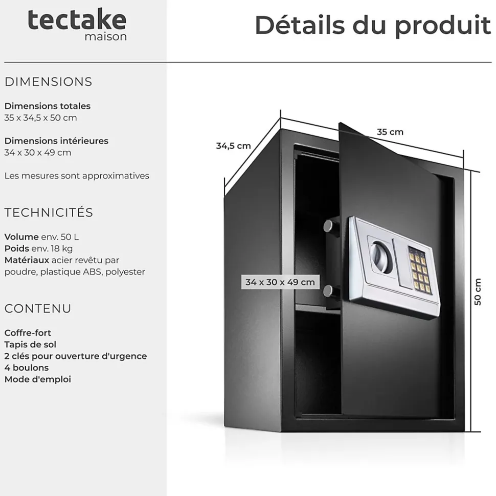 Coffre-fort électronique en acier 50 x 35 x 34,5 cm fer noir