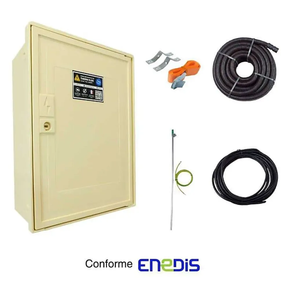 Coffret de chantier monophasé 3/6/9 kW - pack complet raccordement aérien 15m conforme ENEDIS avec 1 prise et bornier IP2X
