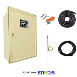 Coffret de chantier monophasé 12 kW - pack complet raccordement aérien 15m conforme ENEDIS avec 1 prise et bornier IP2X