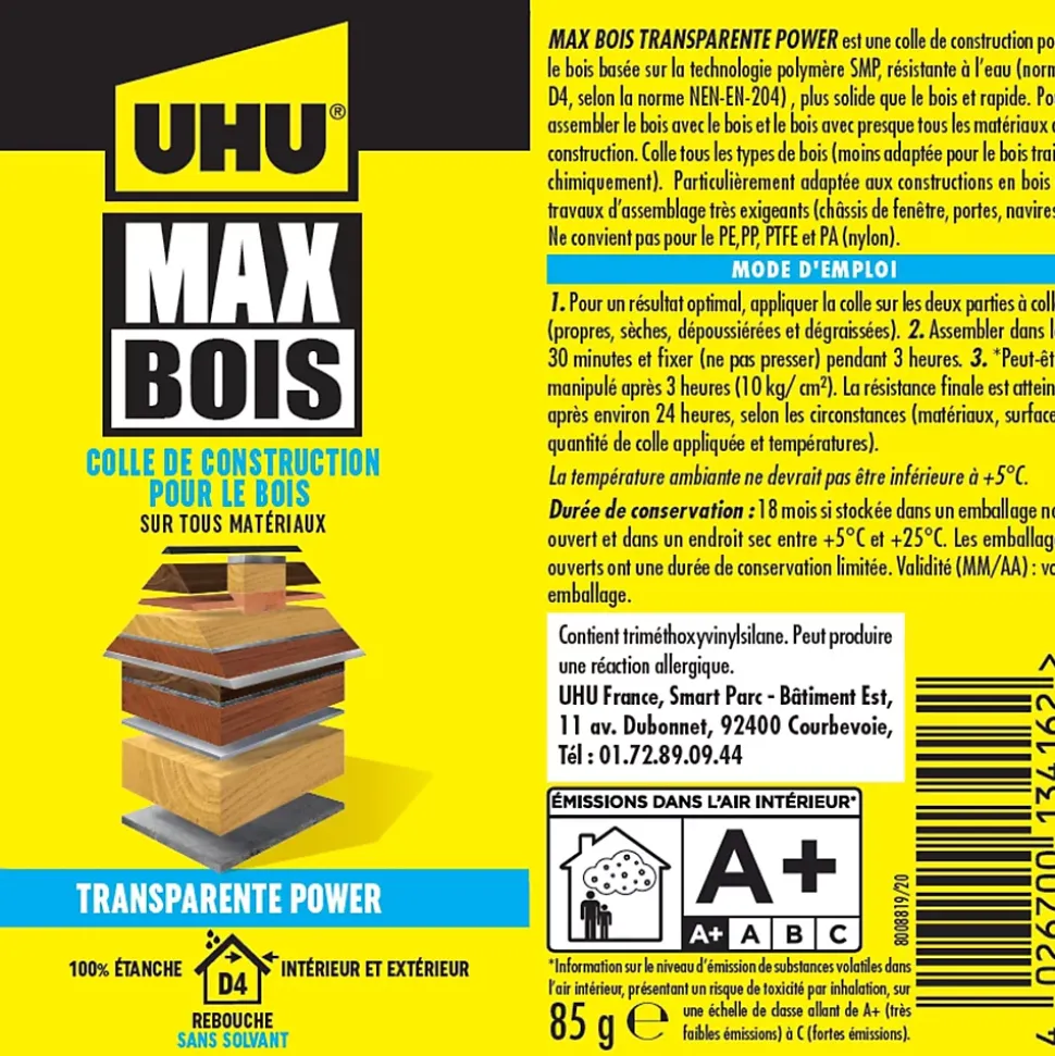 Colle à bois UHU transparente , tube 85g