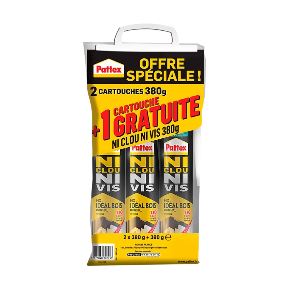 Colle de fixation vendue par 3 Pattex Ni clou Ni vis couleur transparent résistance 100 kg / cm² séchage en 12 h