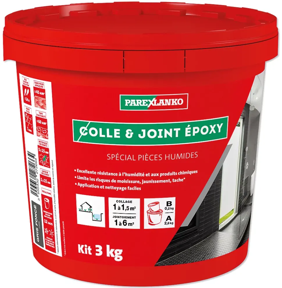 Colle et joint époxy noir spécial pièces humides 3 kg Parexlanko