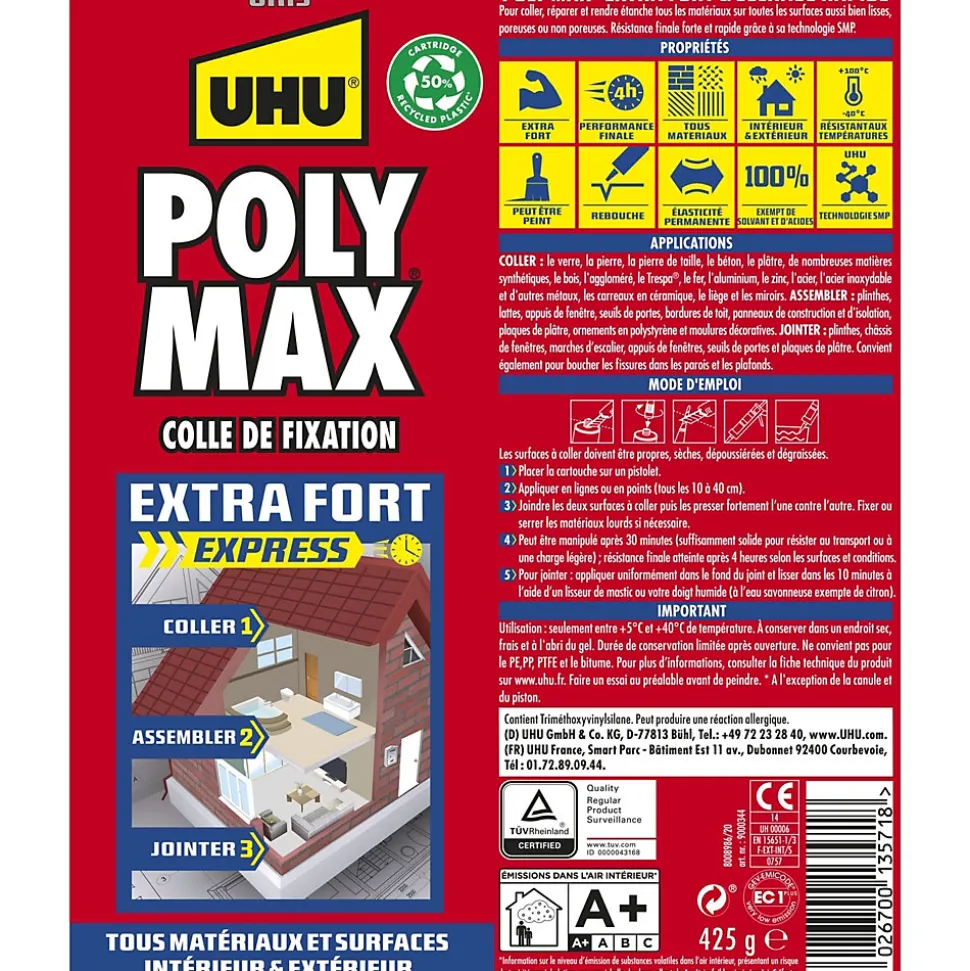 Colle mastic extra forte UHU Poly max gris 425g