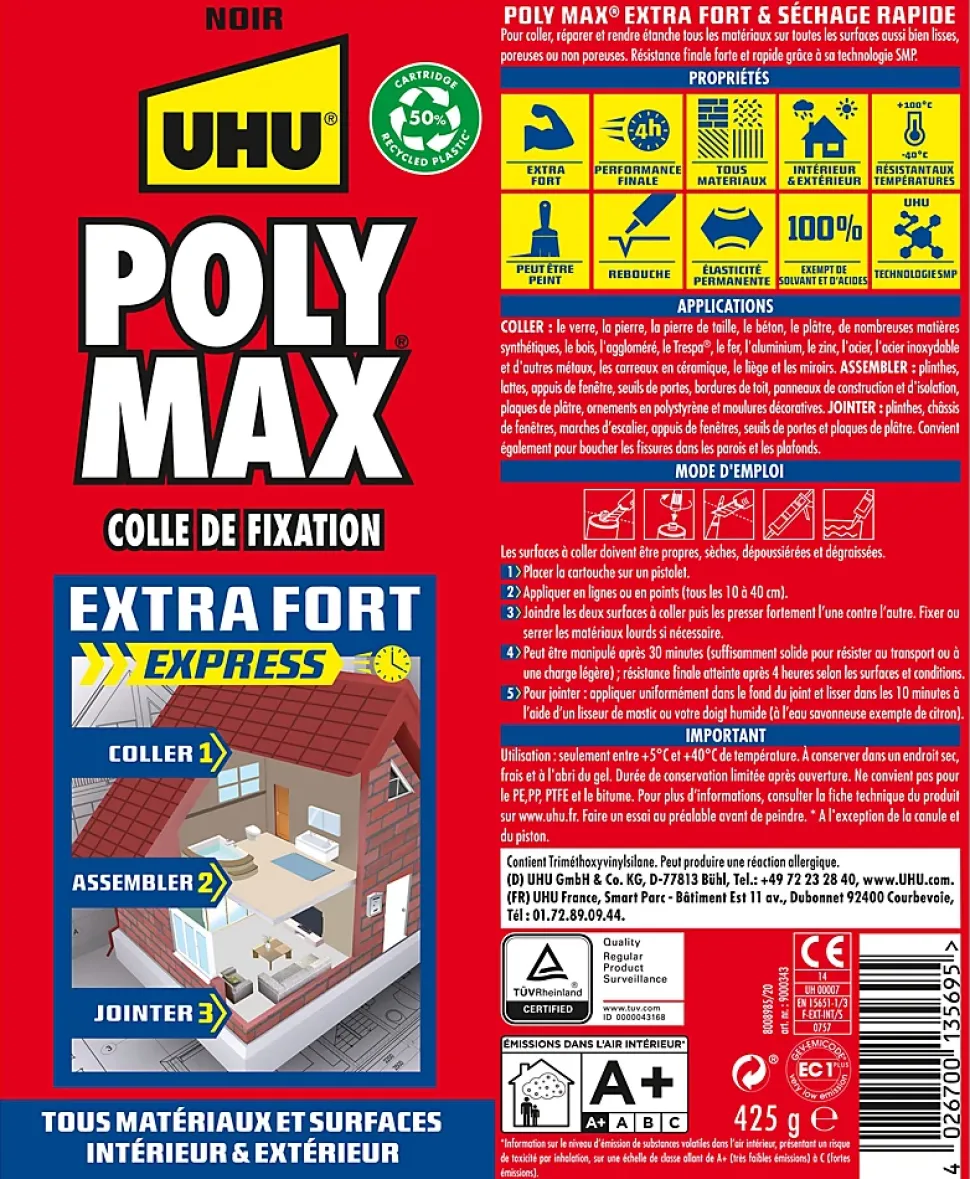 Colle mastic extra forte UHU Poly max noir 425g
