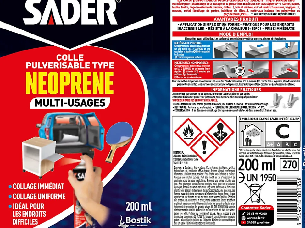 Colle Multi-usages Sader Pulvérisable type Néoprène Aérosol 200 ml