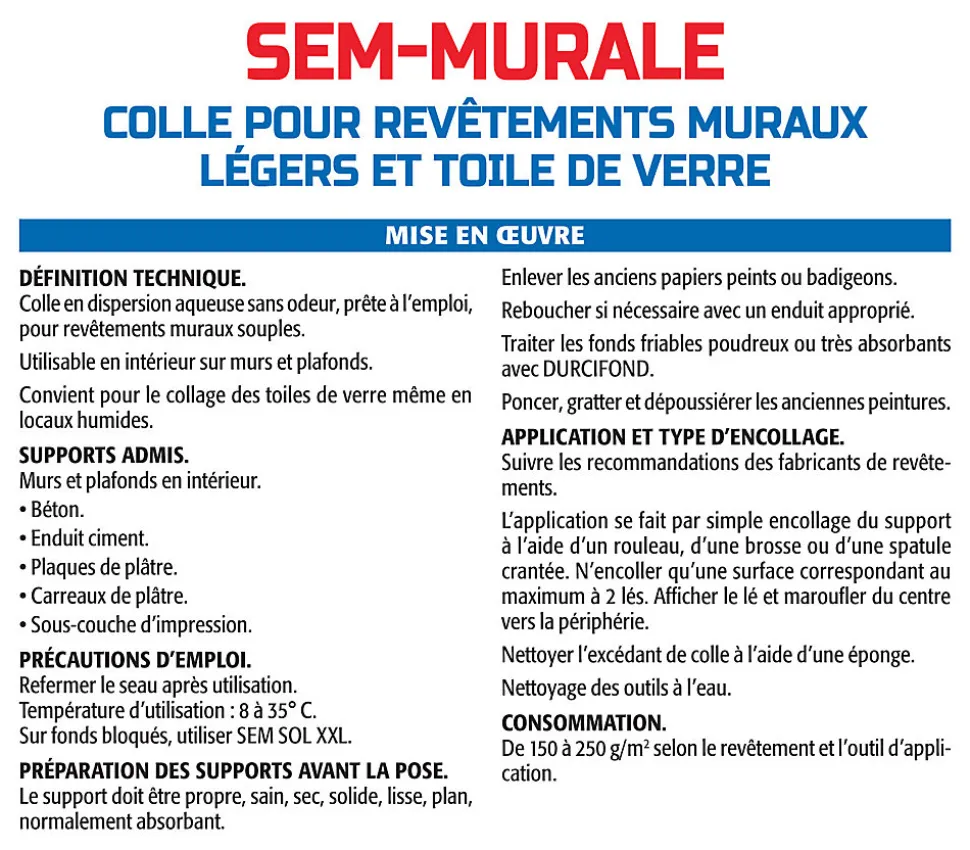 Colle pour Toiles de Verre et Revêtements Muraux Légers Semin, Prêt à l'Emploi, Seau de 10 kg