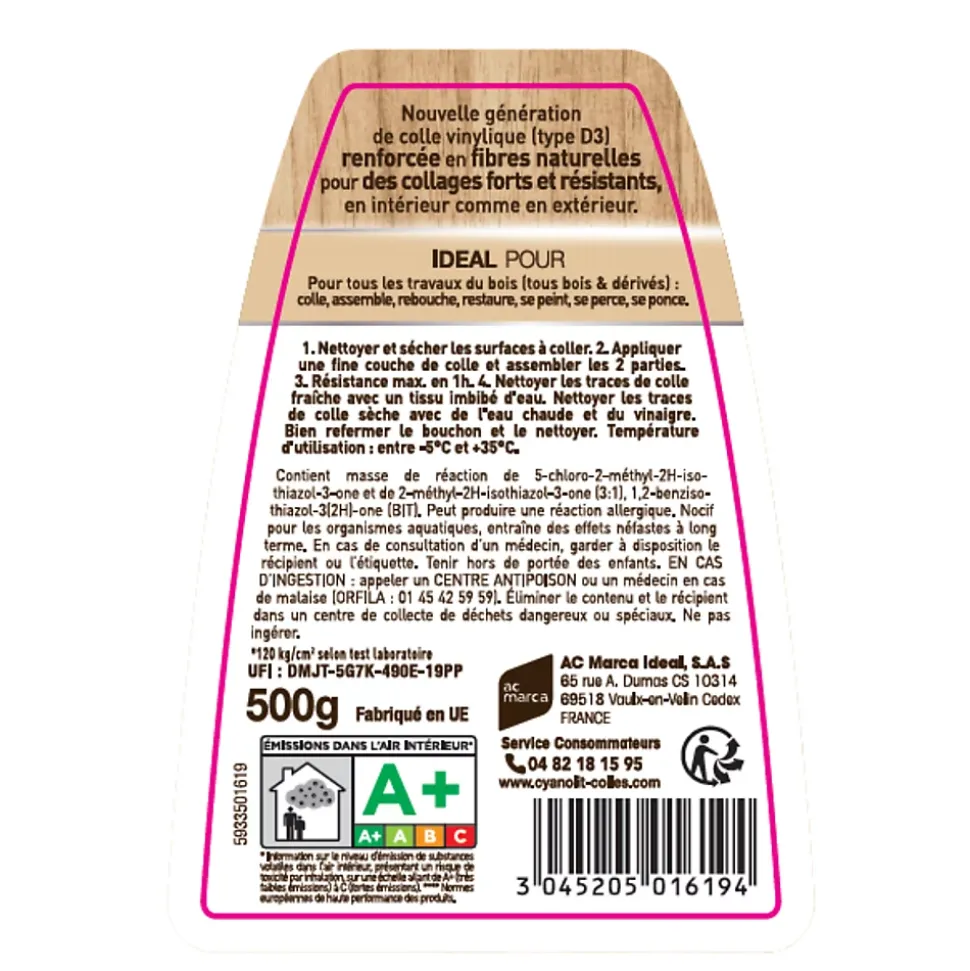 Colle vinylique type D3 renforcée en fibres naturelles Cyanolit bois et dérivés 500g