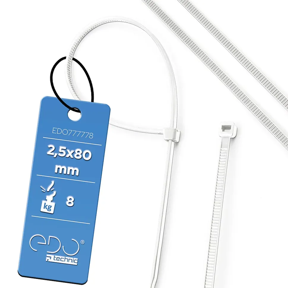 Colliers de serrage colliers de câblage sans halogène 2,5 x 80 mm blancs EDO777778 lot de 100 pcs